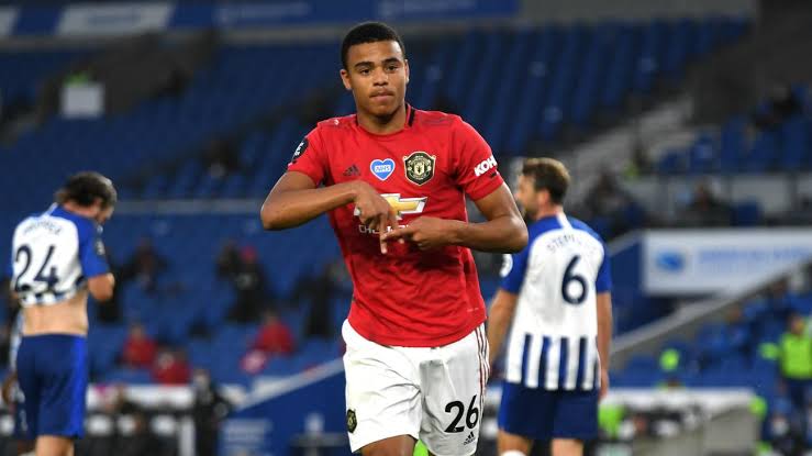 Mason Greenwood celebrates after scoring past Brighton in a  3-0 victory for Manchester United